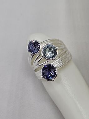 Swarovski Crystal Elements Silver Statement Ring Purple Blue Size 6.75 Bridal